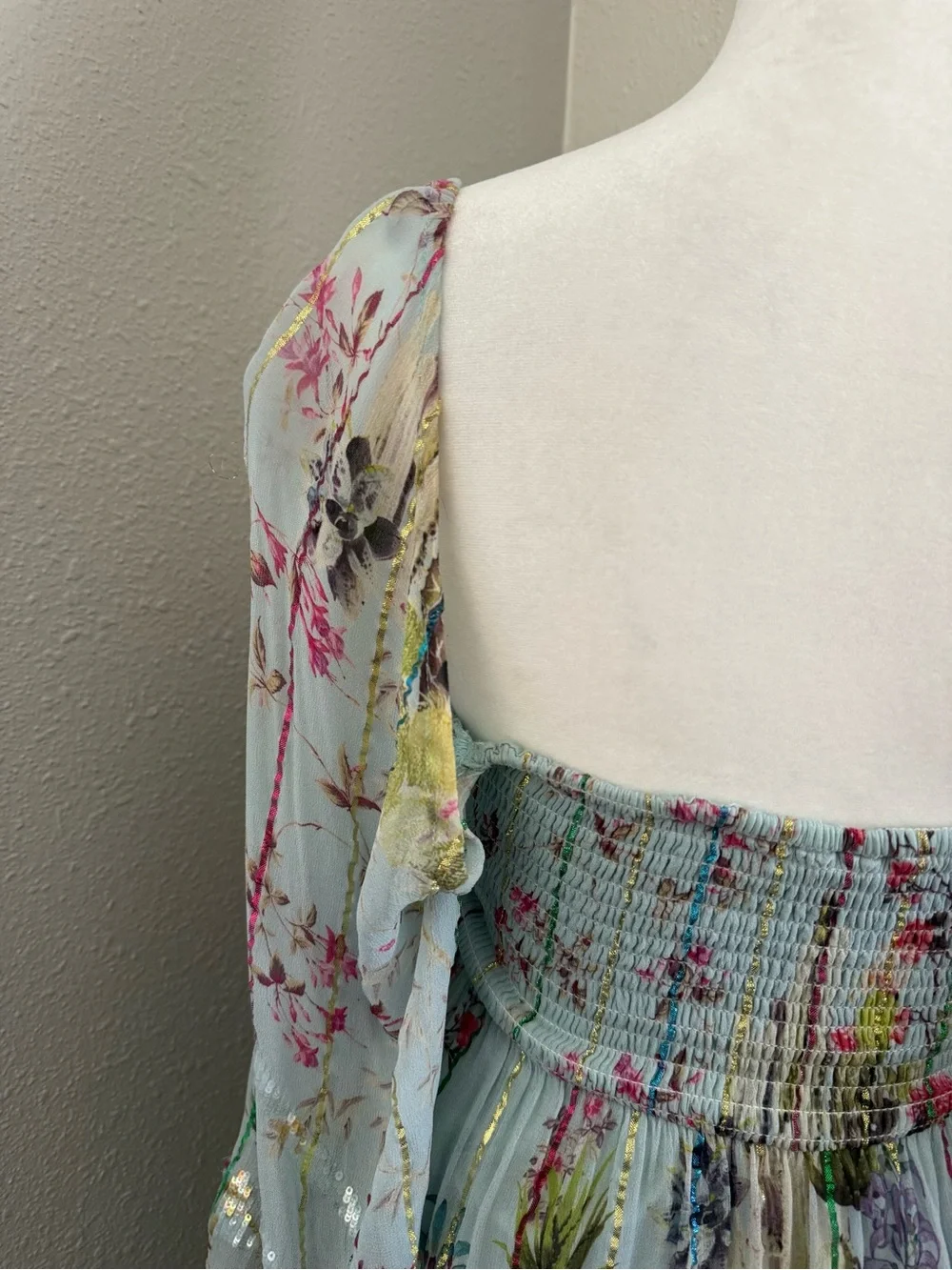 Anthropologie Hemant & Nandita Floral Sequin Off Shoulder Mini Dress XS Boho